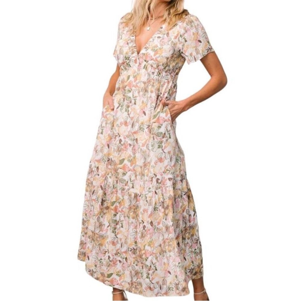 Baltic Born Cassie Dress Women's Large Cream Short Sleeve Maxi Multi Floral